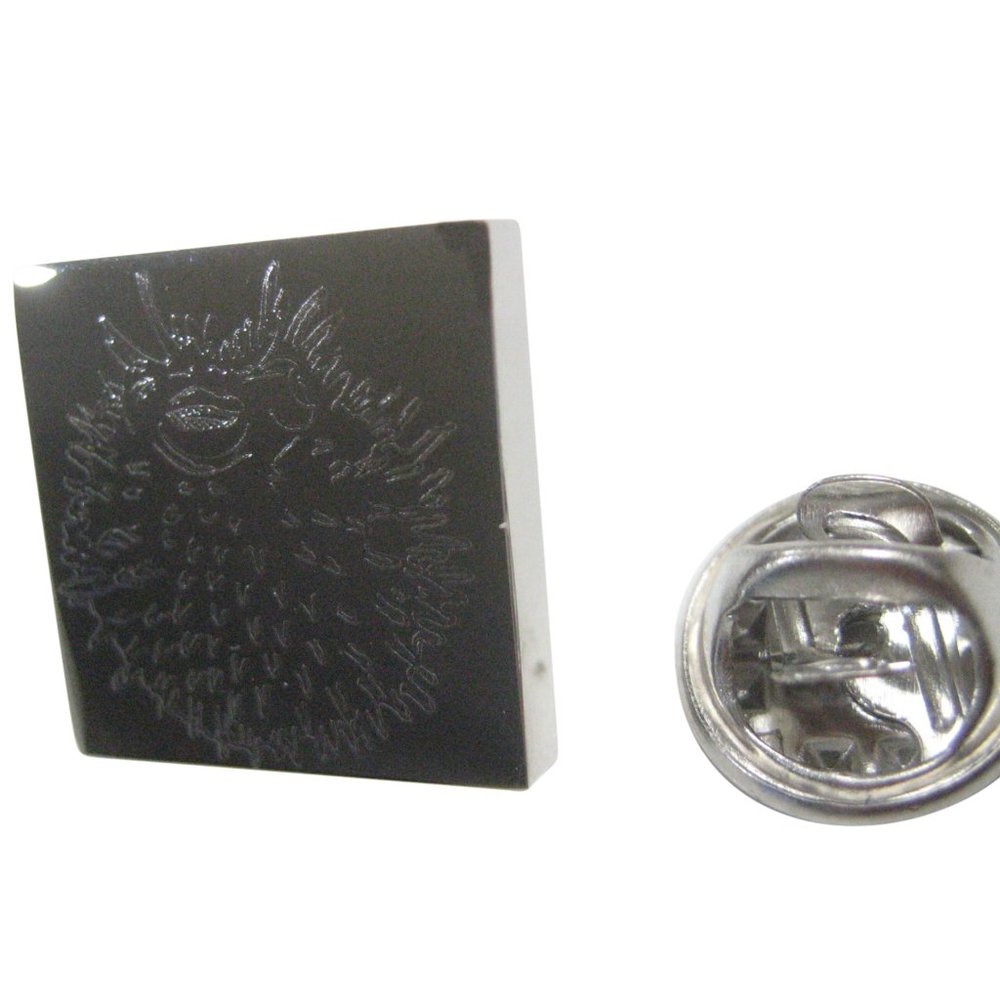 Silver Toned Square Etched Spikey Puffer Fish Fugu Blowfish Lapel Pin